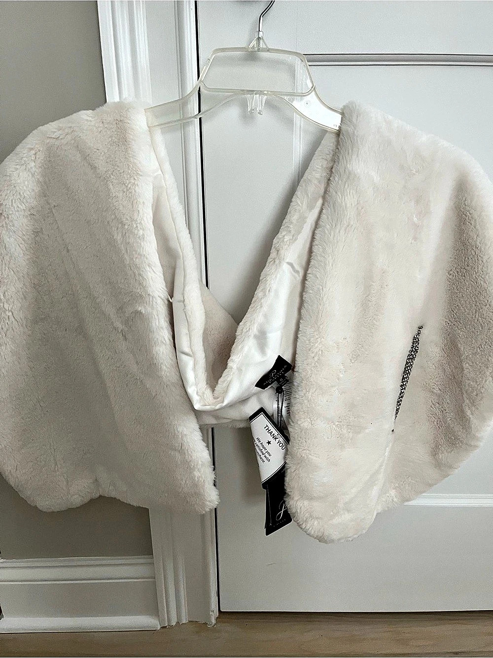 Adrianna Papell Faux Fur Shawl with Crystal Trim White